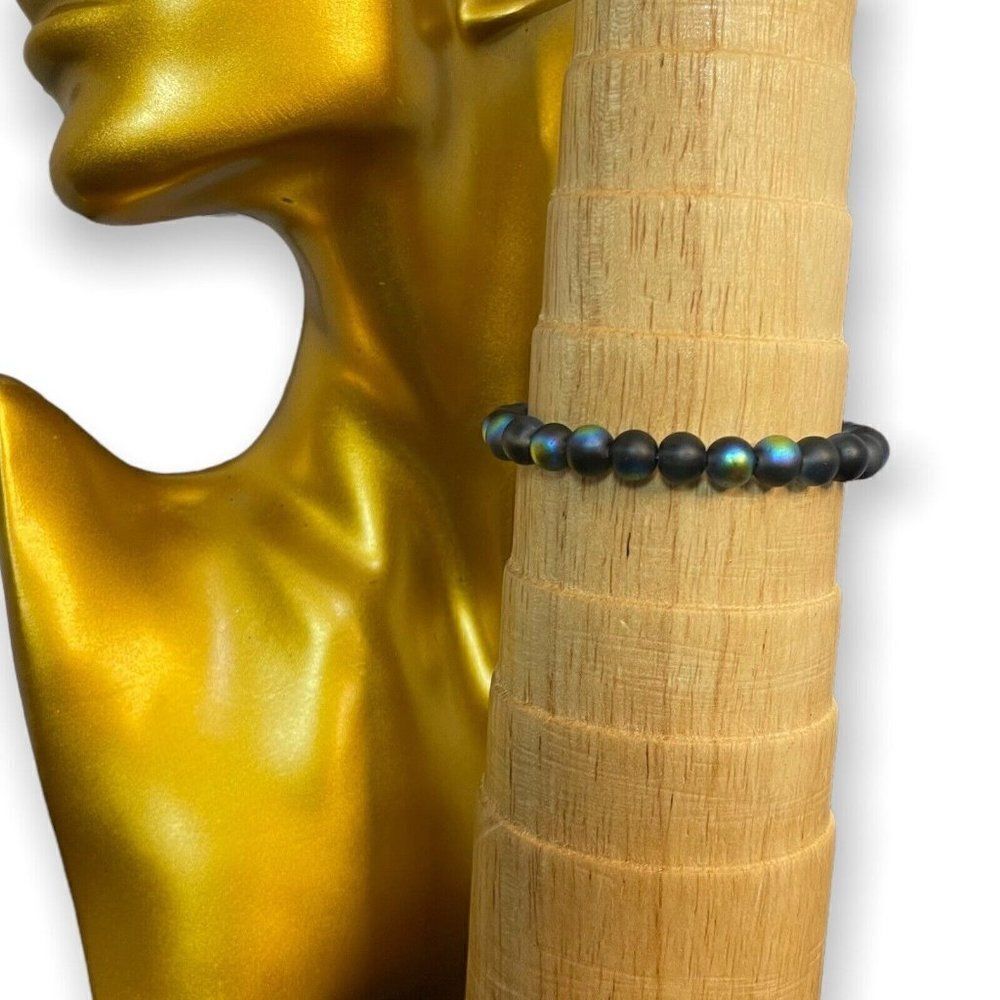 Handmade Unisex AB Finish Round Beaded Bracelet Stretch One Size Black Amethyst